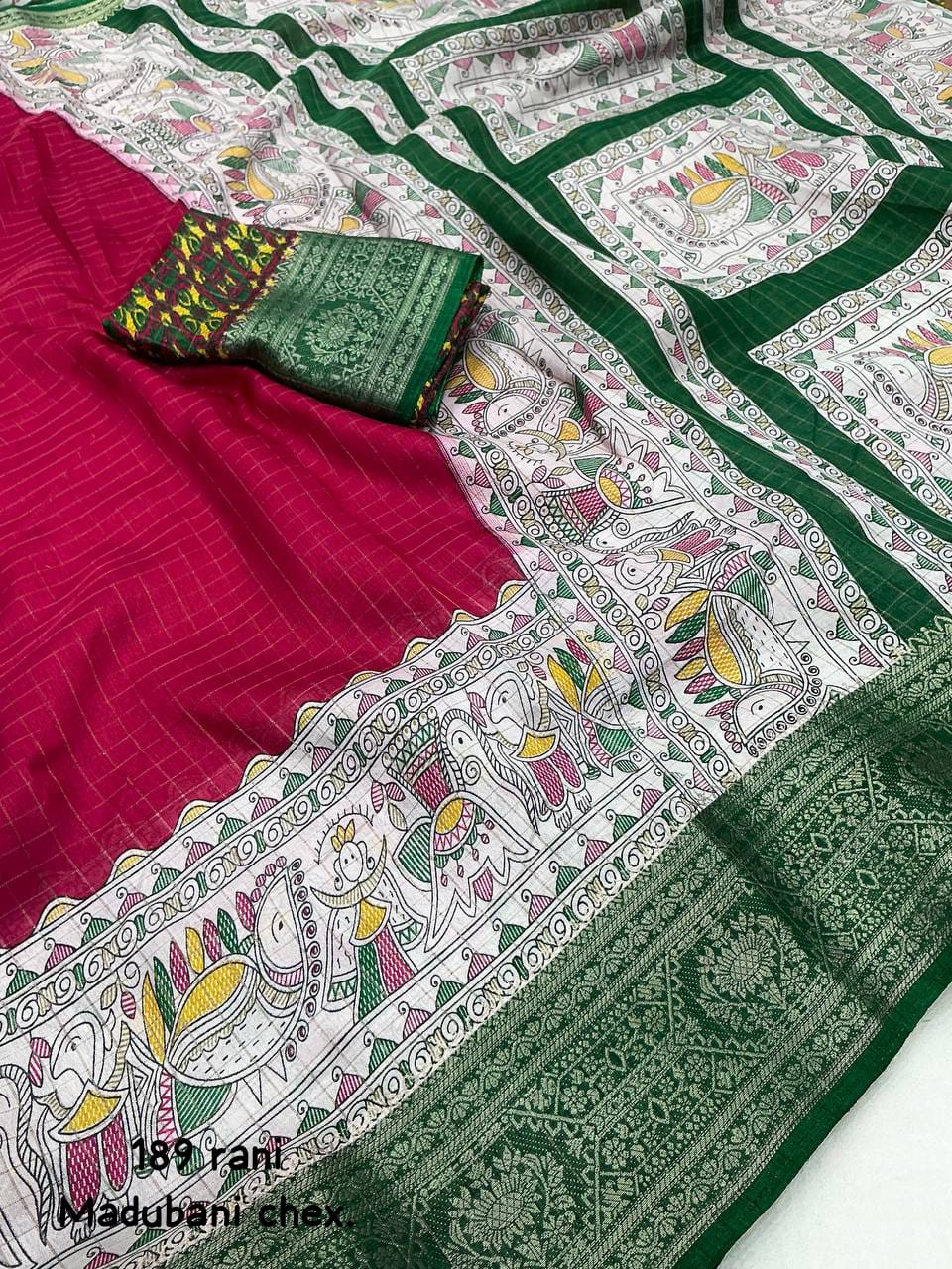 Rani Color Soft Cotton Crape Chex Saree With Zari Woven Jacq Border