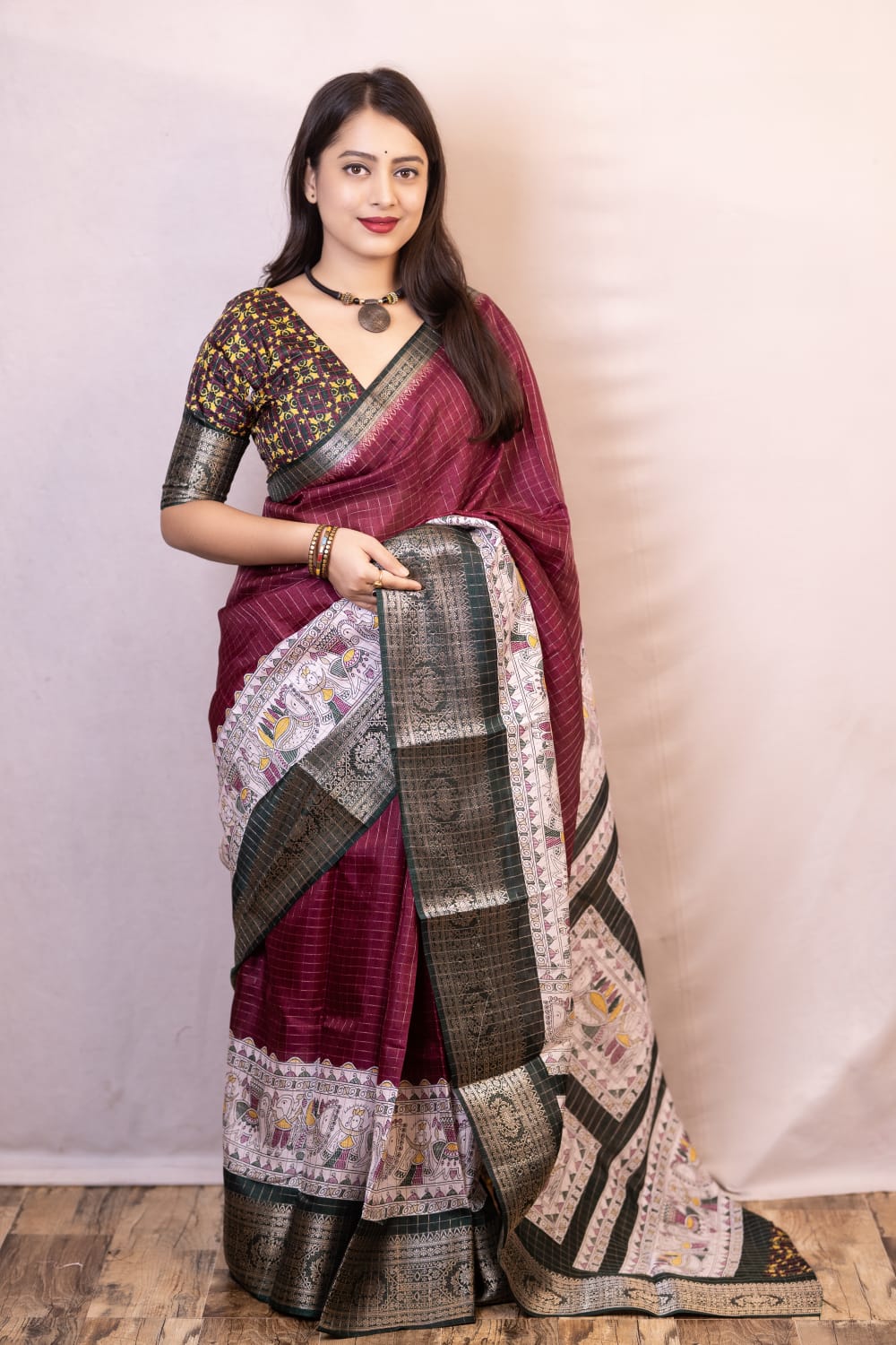 Jamali Color Soft Cotton Crape Chex Saree With Zari Woven Jacq Border