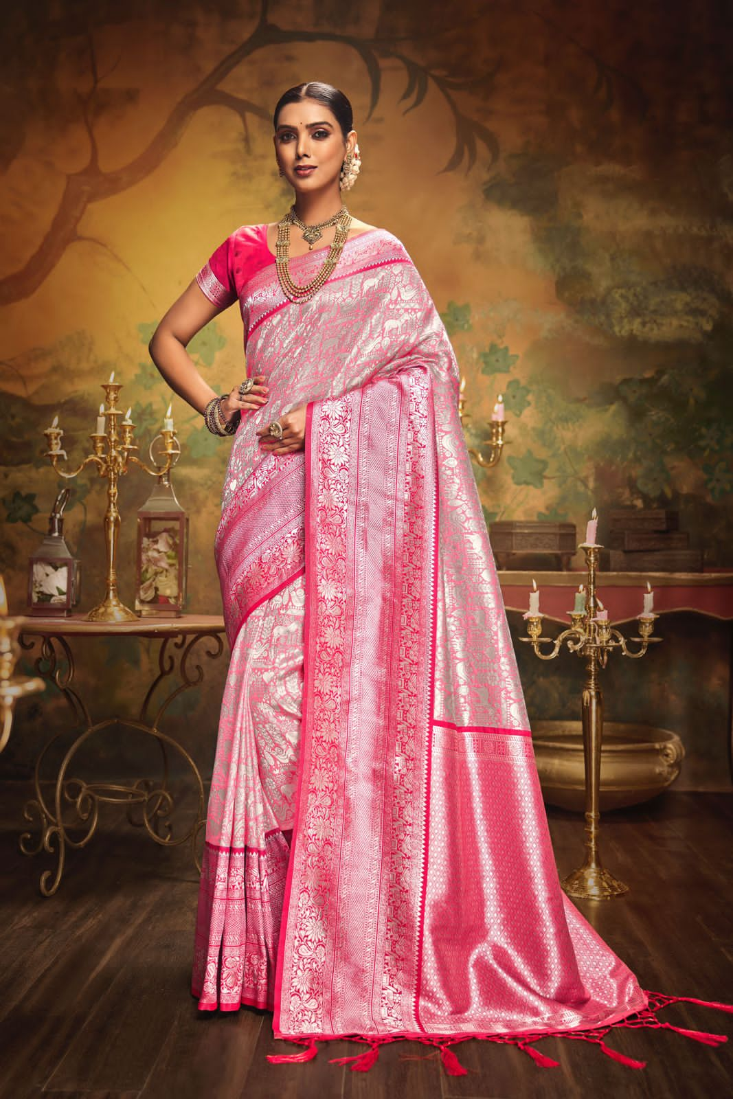 PInk Color Premium Silk Saree With Zari Woven Design