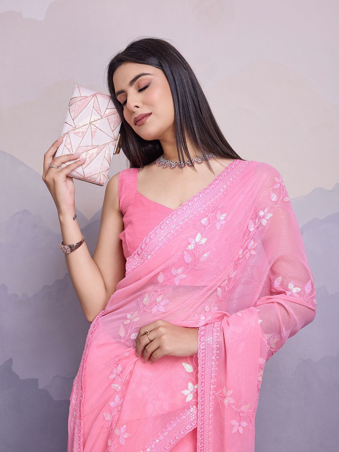 Pink Color Premium Soft Simmer Chiffon Saree With C-Pallu and all Over Embroidery Sequins Work