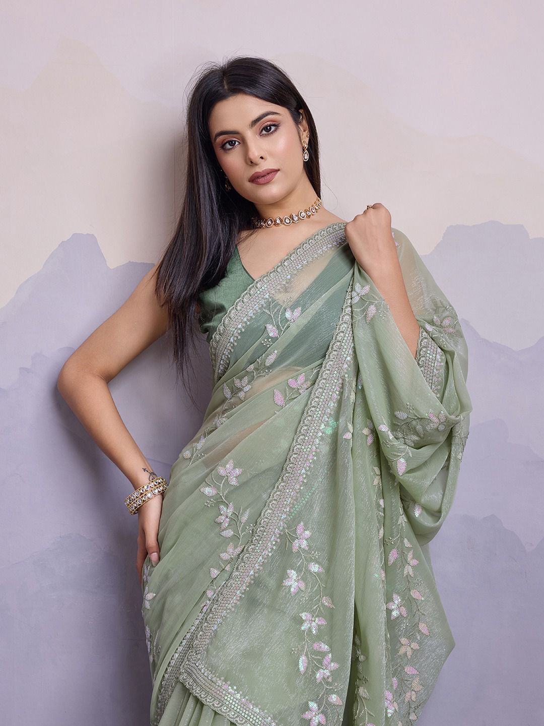 Green Color Premium Soft Simmer Chiffon Saree With C-Pallu and all Over Embroidery Sequins Work