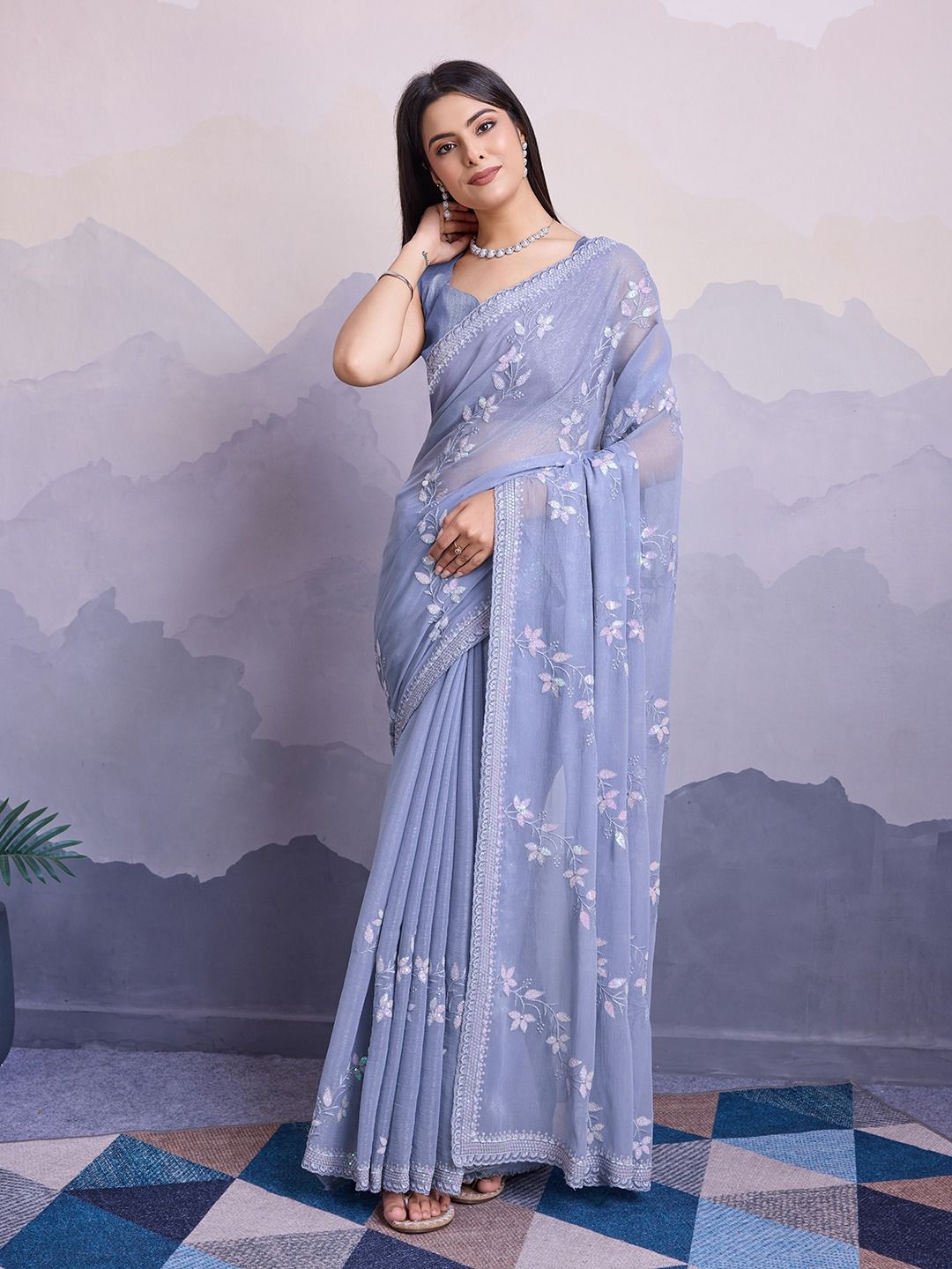 Dusty Blue Color Premium Soft Simmer Chiffon Saree With C-Pallu and all Over Embroidery Sequins Work