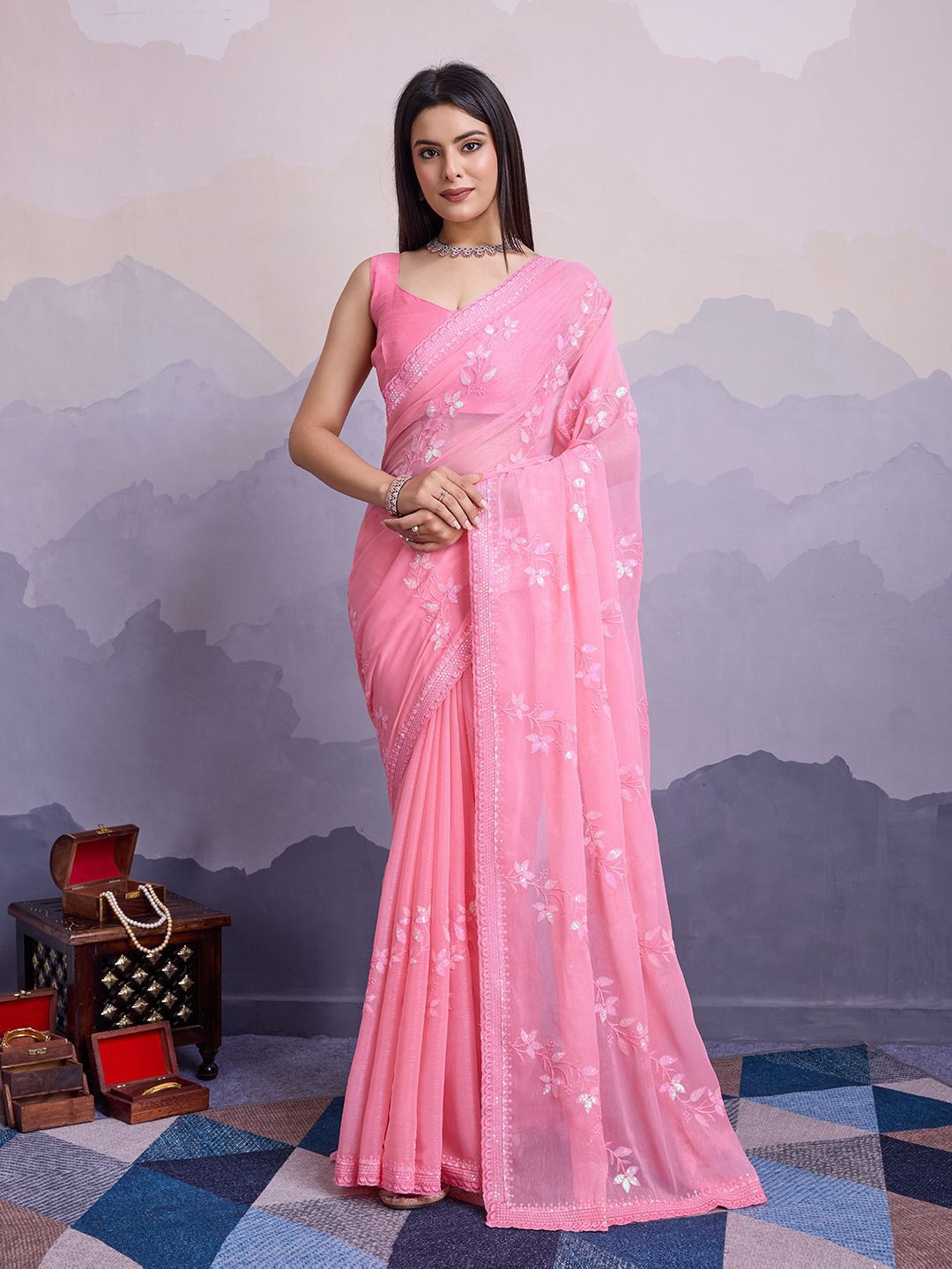 Pink Color Premium Soft Simmer Chiffon Saree With C-Pallu and all Over Embroidery Sequins Work