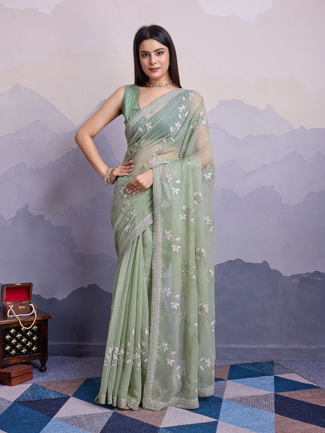 Green Color Premium Soft Simmer Chiffon Saree With C-Pallu and all Over Embroidery Sequins Work