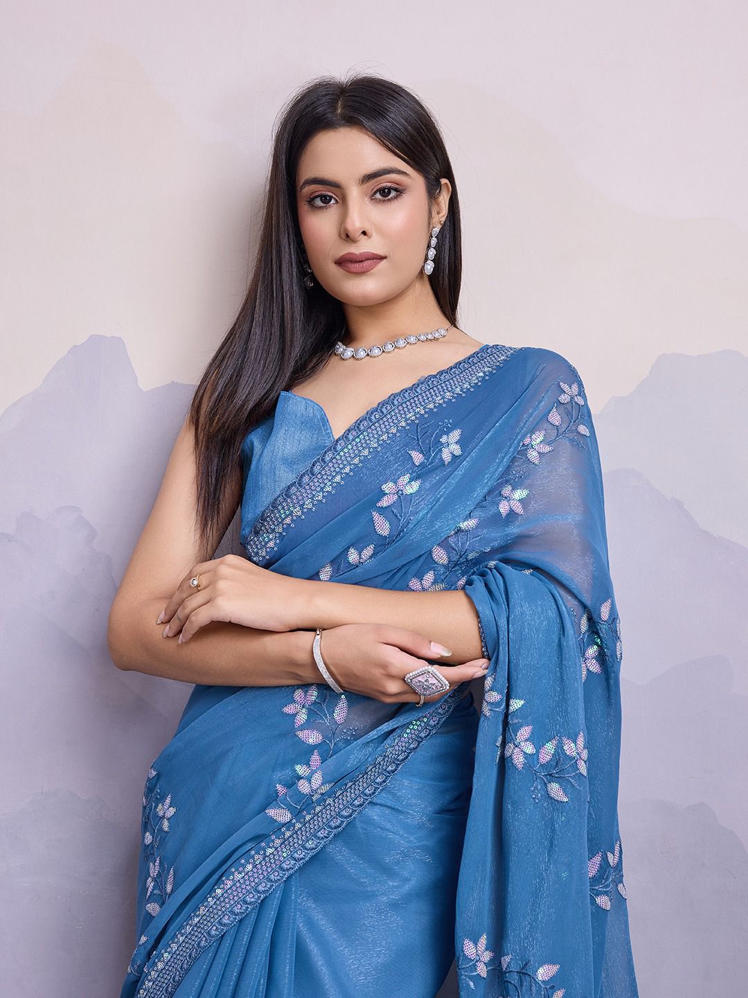 Blue Color Premium Soft Simmer Chiffon Saree With C-Pallu and all Over Embroidery Sequins Work