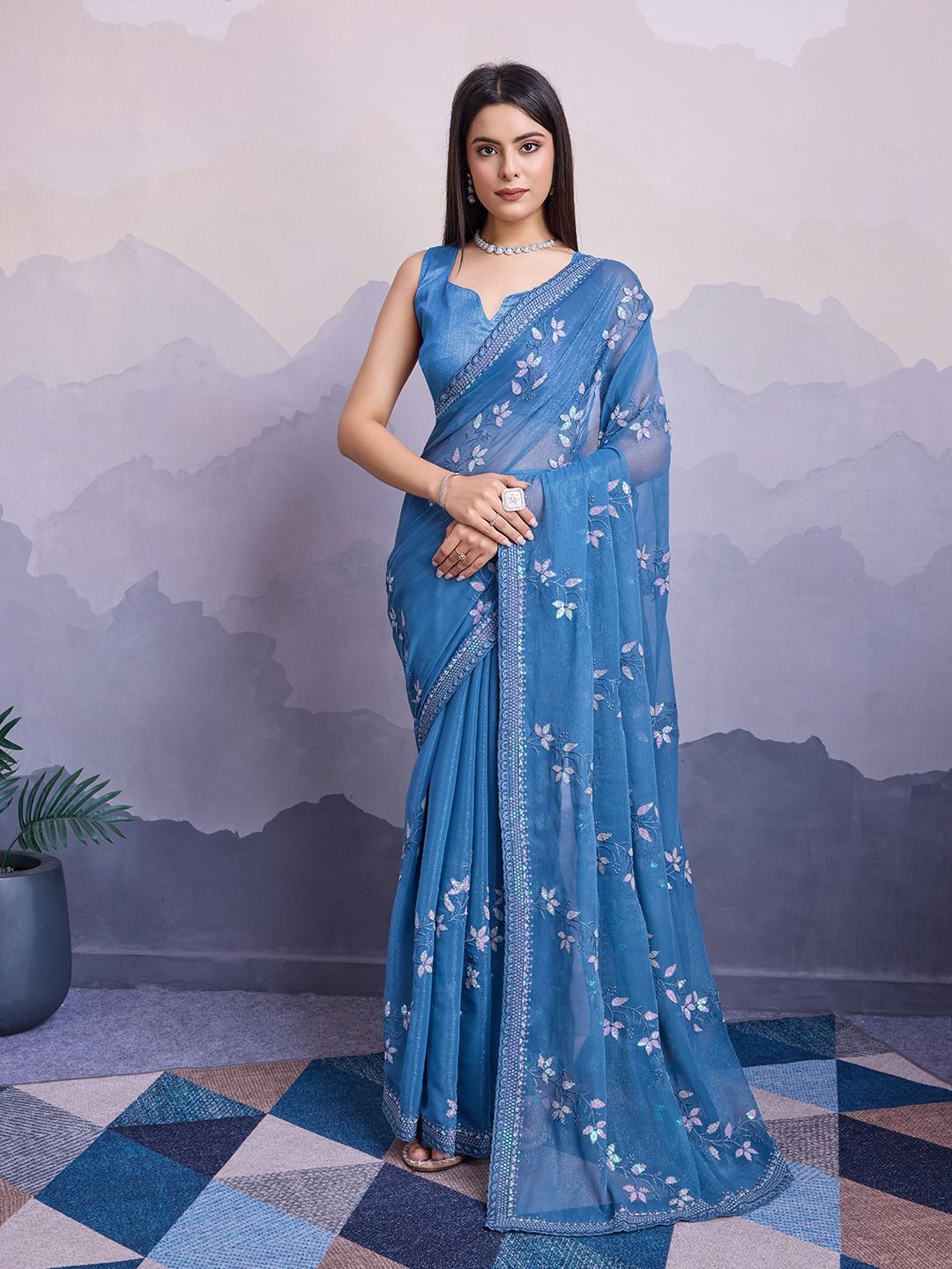 Blue Color Premium Soft Simmer Chiffon Saree With C-Pallu and all Over Embroidery Sequins Work