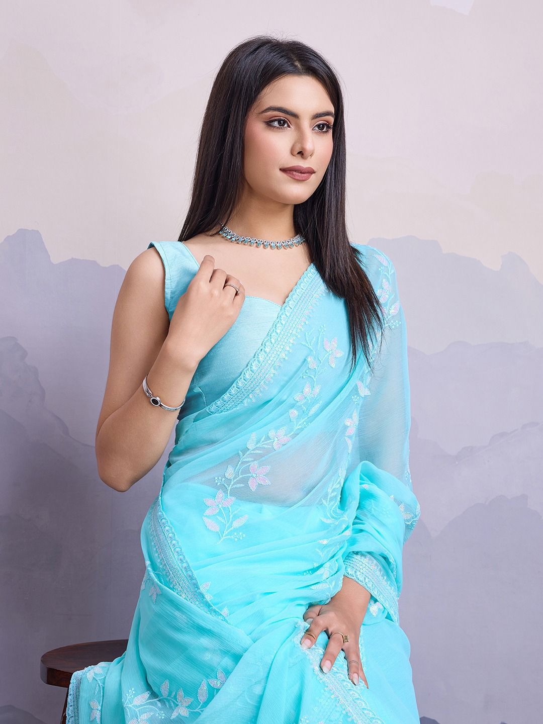 Aqua Color Premium Soft Simmer Chiffon Saree With C-Pallu and all Over Embroidery Sequins Work