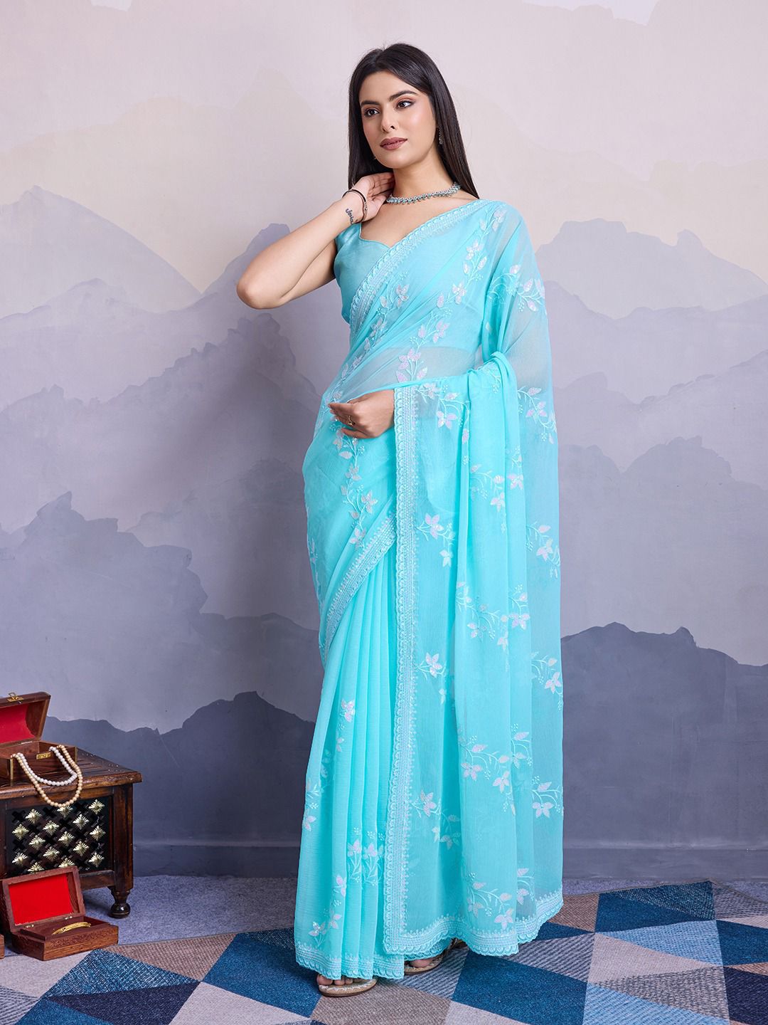 Aqua Color Premium Soft Simmer Chiffon Saree With C-Pallu and all Over Embroidery Sequins Work