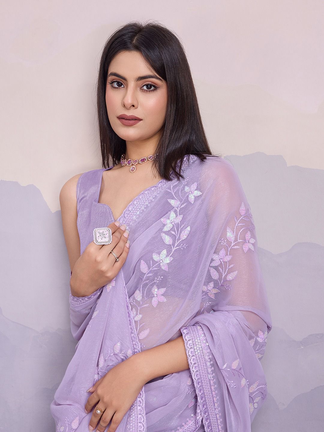 Lavender Color Premium Soft Simmer Chiffon Saree With C-Pallu and all Over Embroidery Sequins Work