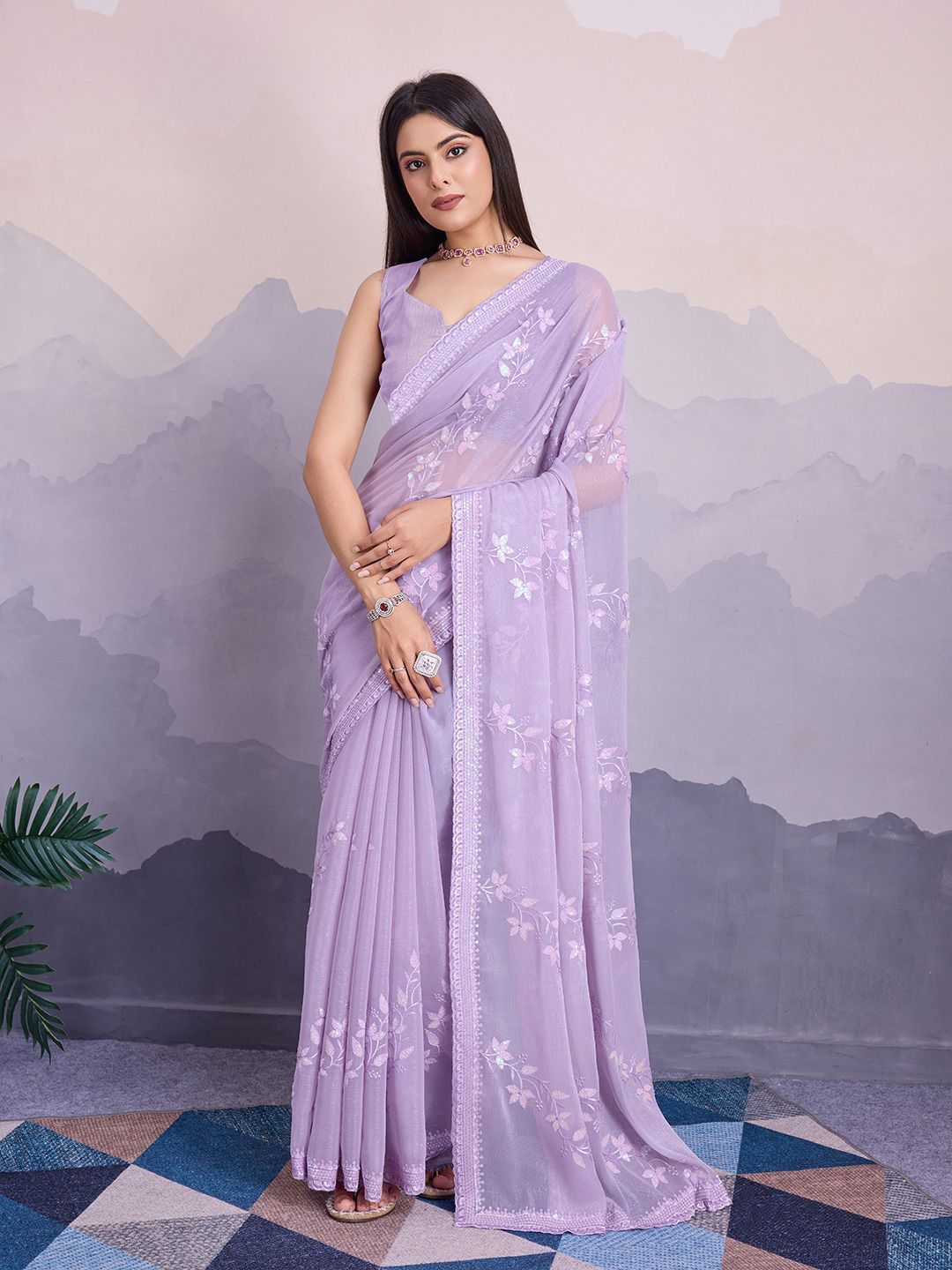 Lavender Color Premium Soft Simmer Chiffon Saree With C-Pallu and all Over Embroidery Sequins Work