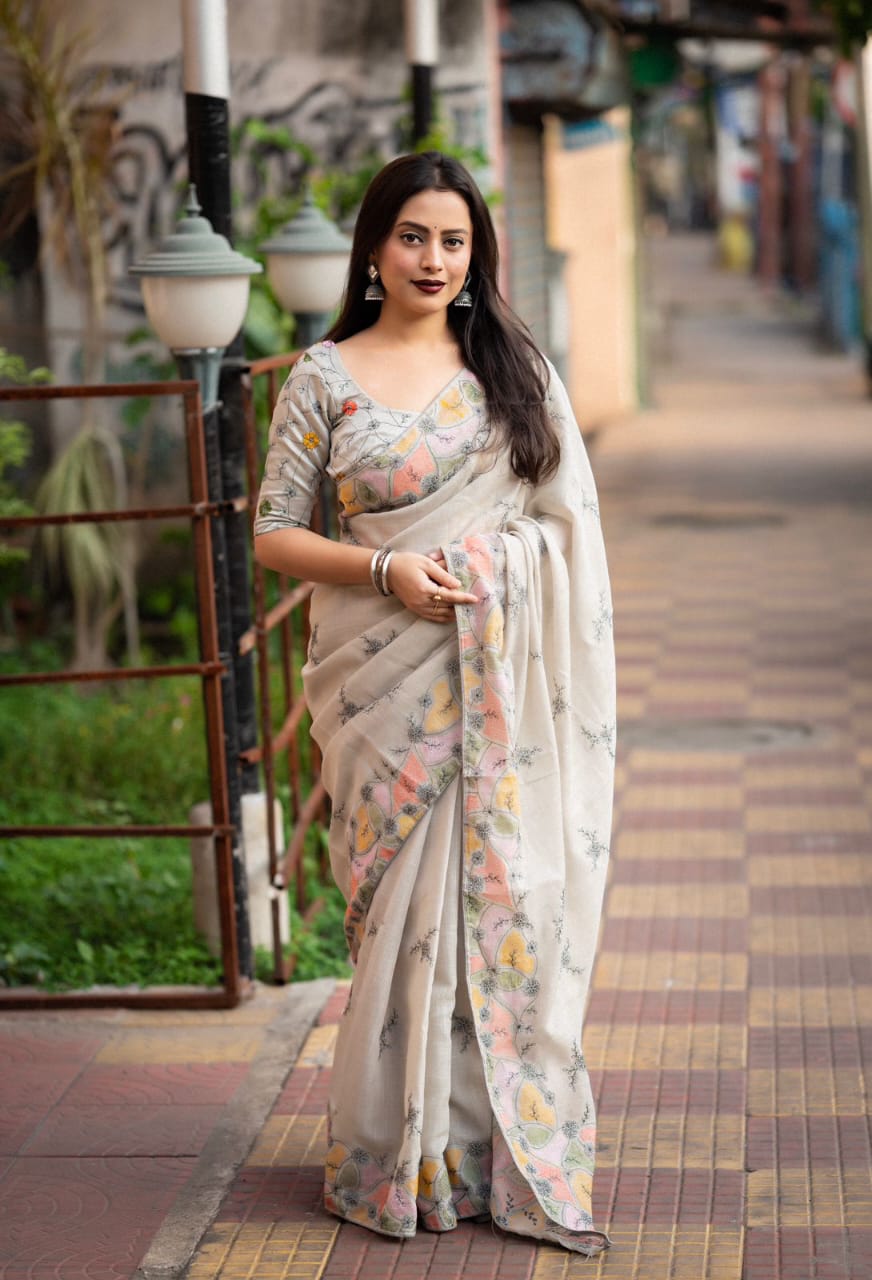 Grey Color Soft Linen Saree With Beautiful Pencil Stich Emboridary