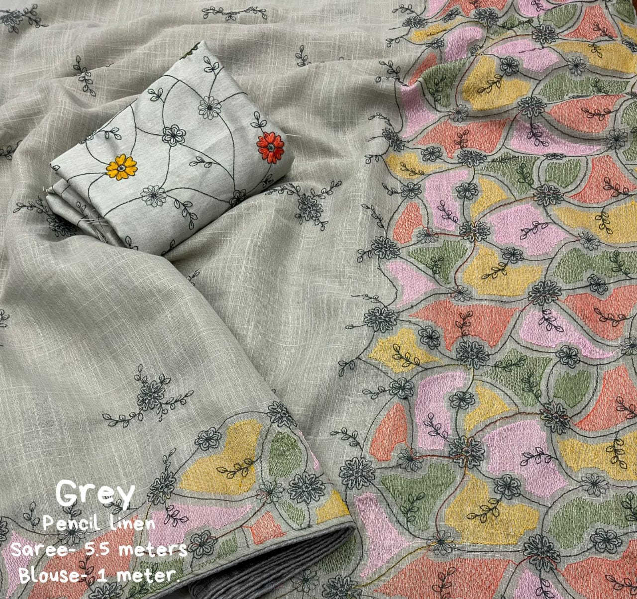 Grey Color Soft Linen Saree With Beautiful Pencil Stich Emboridary