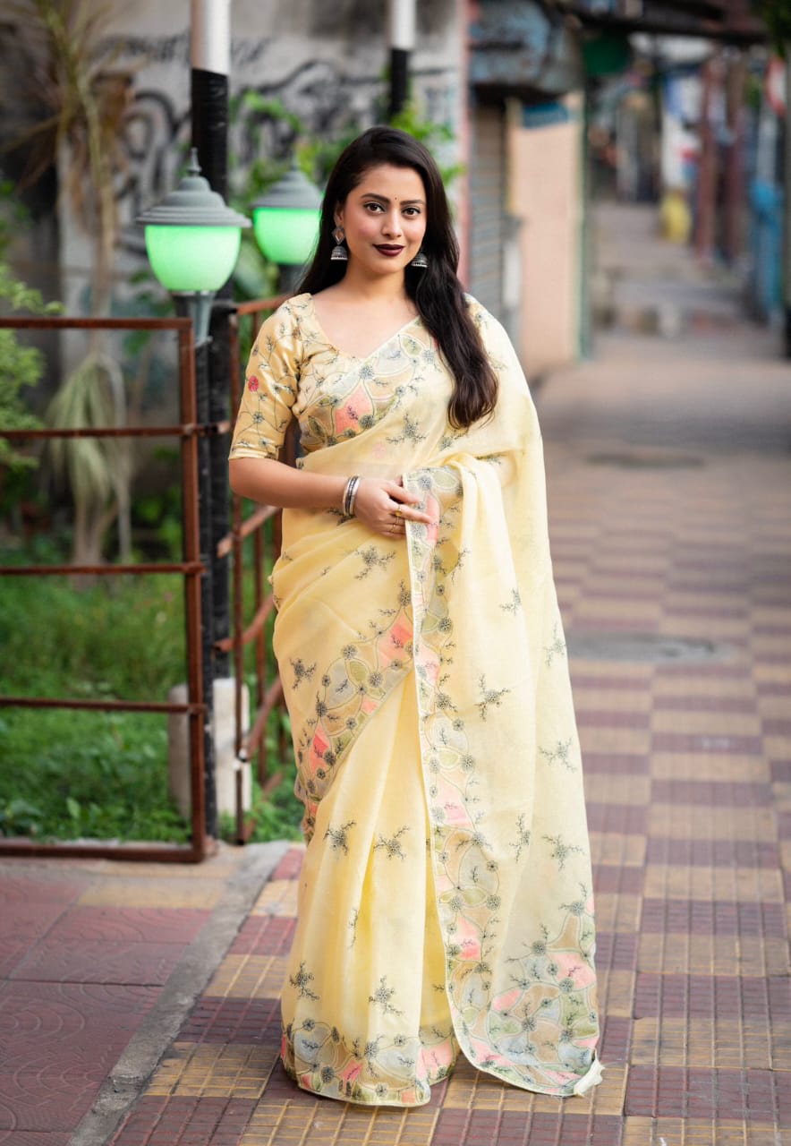 Lemon Color Soft Linen Saree With Beautiful Pencil Stich Emboridary