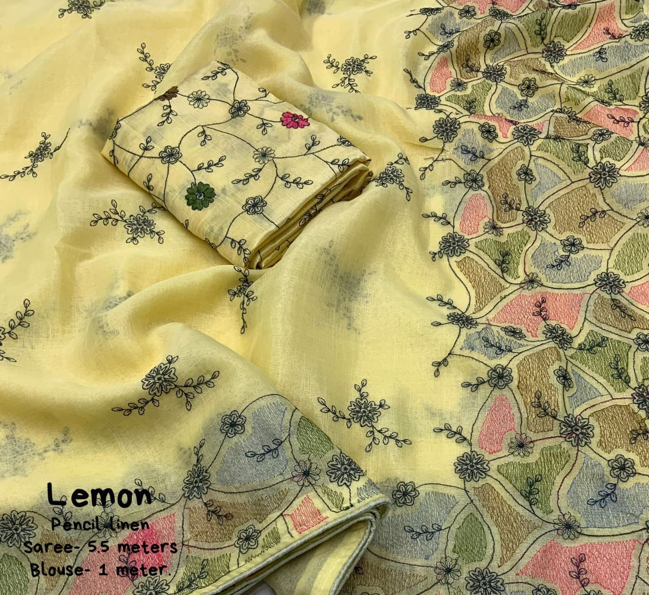 Lemon Color Soft Linen Saree With Beautiful Pencil Stich Emboridary