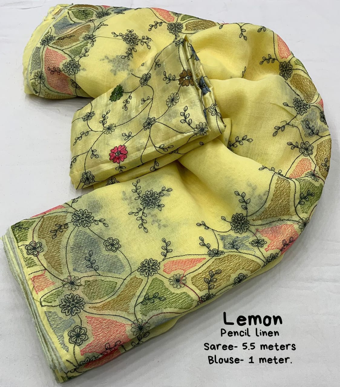 Lemon Color Soft Linen Saree With Beautiful Pencil Stich Emboridary