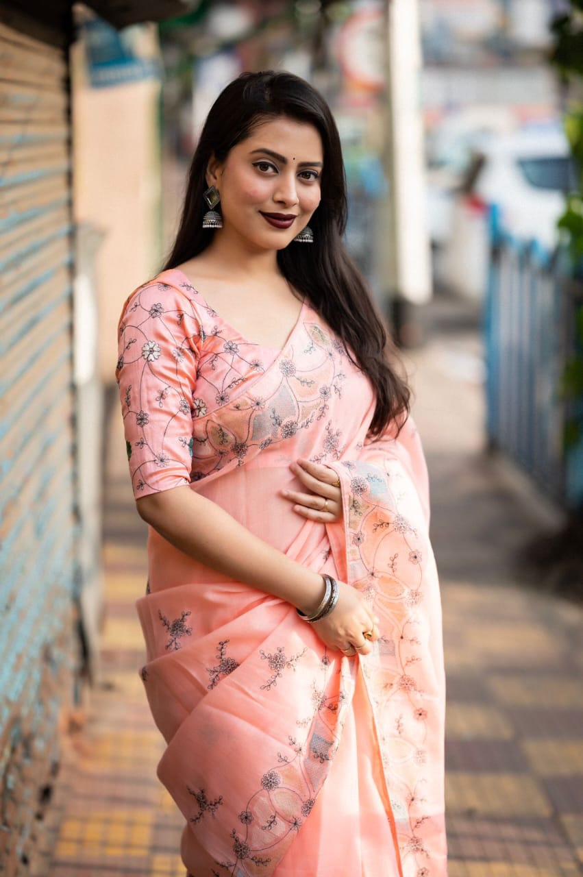 Peach Color Soft Linen Saree With Beautiful Pencil Stich Emboridary