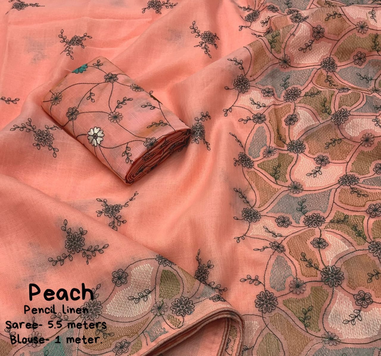 Peach Color Soft Linen Saree With Beautiful Pencil Stich Emboridary