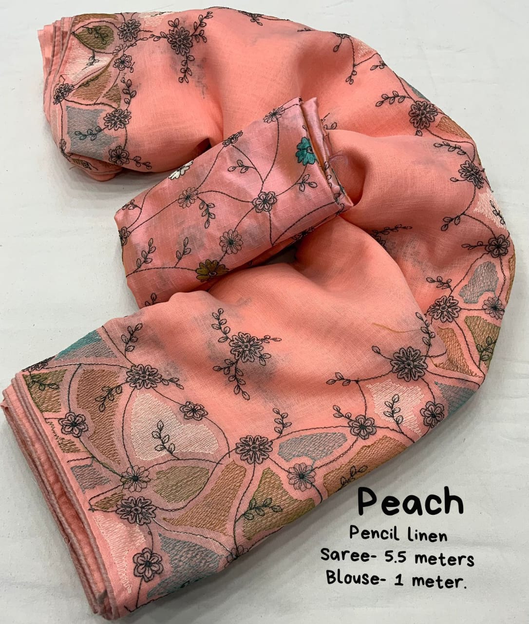 Peach Color Soft Linen Saree With Beautiful Pencil Stich Emboridary