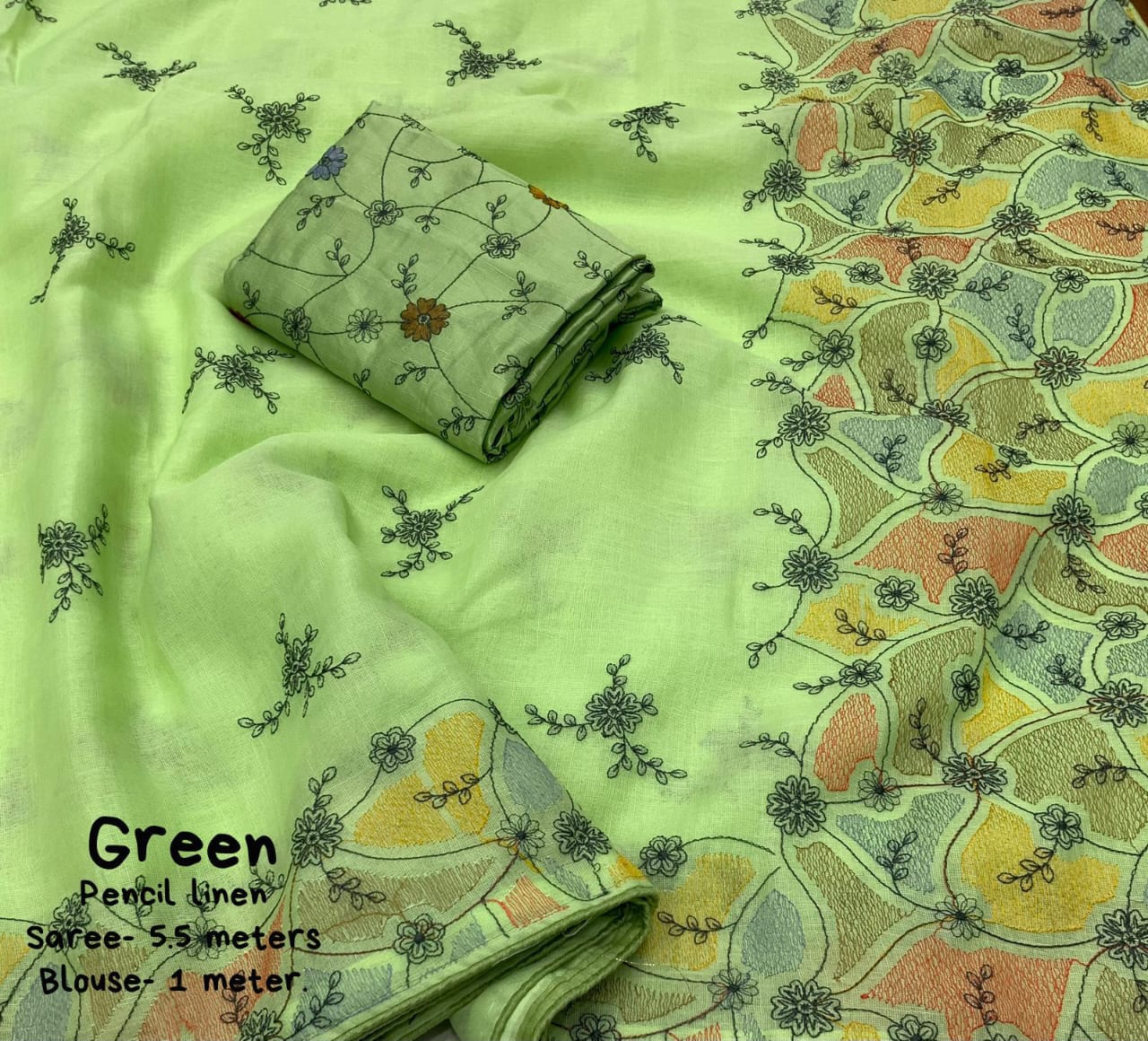 Green Color Soft Linen Saree With Beautiful Pencil Stich Emboridary