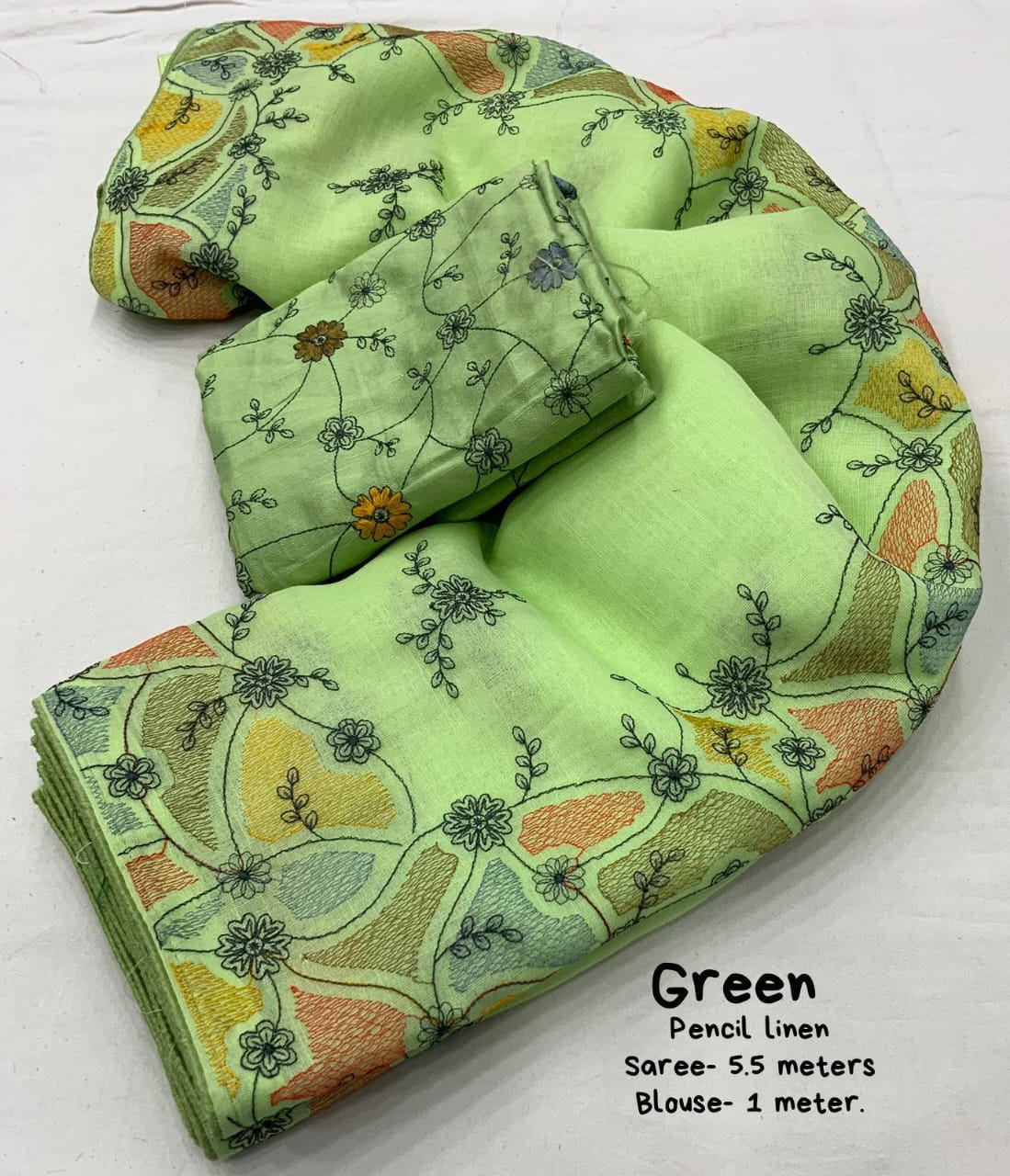 Green Color Soft Linen Saree With Beautiful Pencil Stich Emboridary