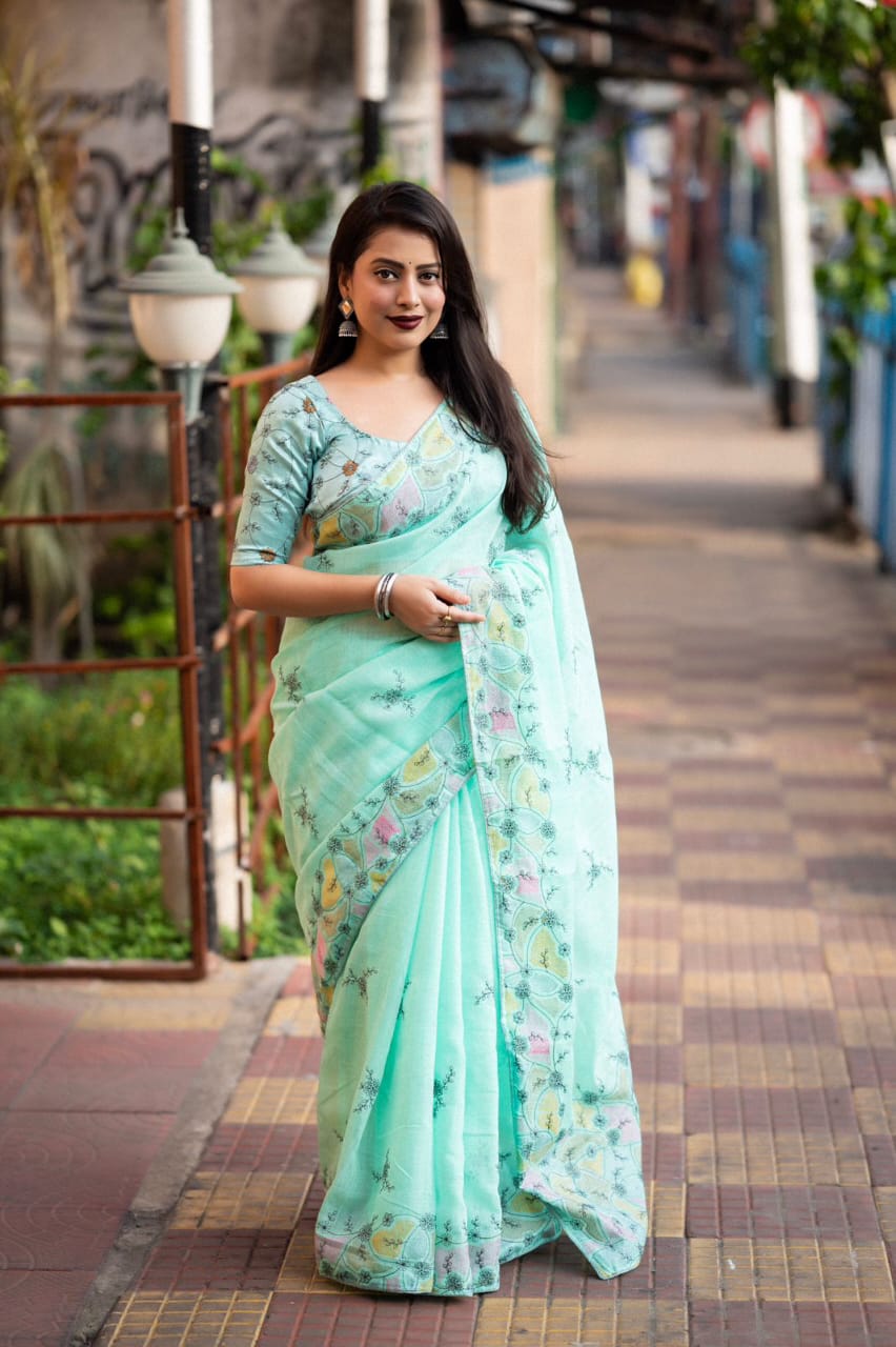 Sea Green Color Soft Linen Saree With Beautiful Pencil Stich Emboridary