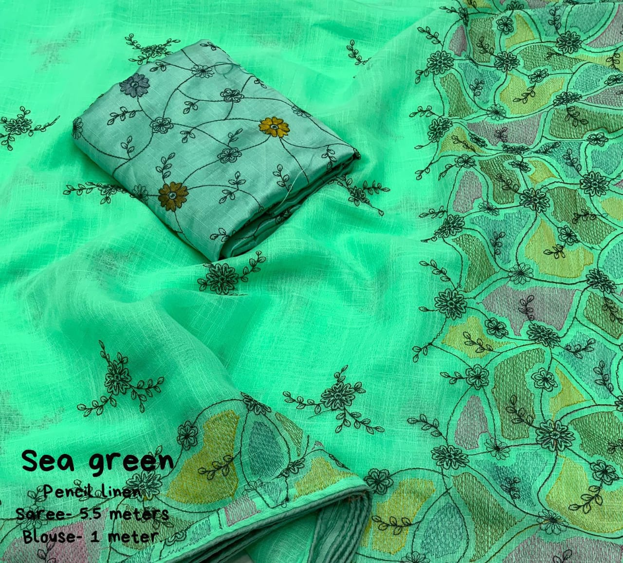 Sea Green Color Soft Linen Saree With Beautiful Pencil Stich Emboridary