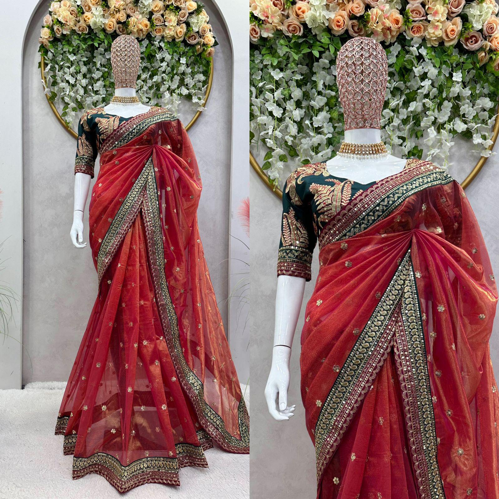 Designer Organza Saree With Twil Net Febric With Thred Sequnce Work