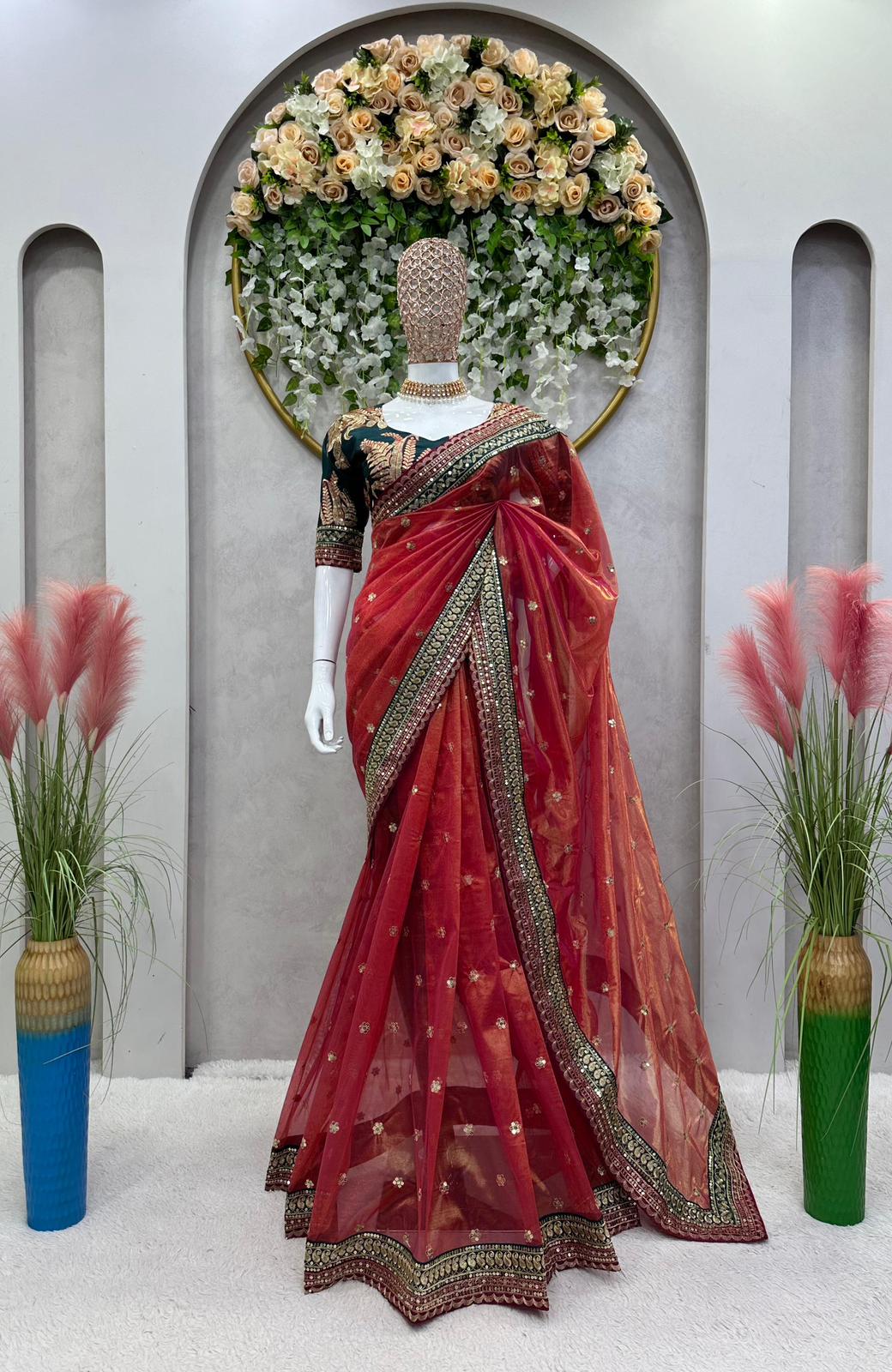 Designer Organza Saree With Twil Net Febric With Thred Sequnce Work