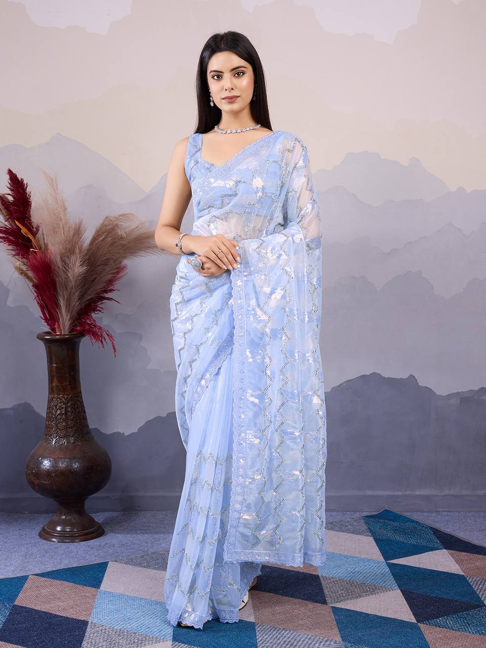 Light Blue Color Premium Twill Net Saree With Embroidery and Sequins Work