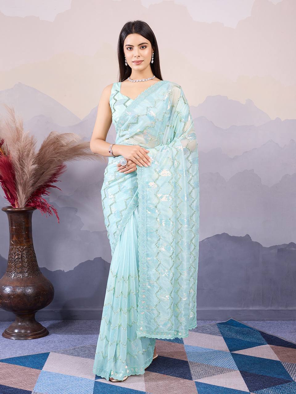 Light Green Color Premium Twill Net Saree With Embroidery and Sequins Work