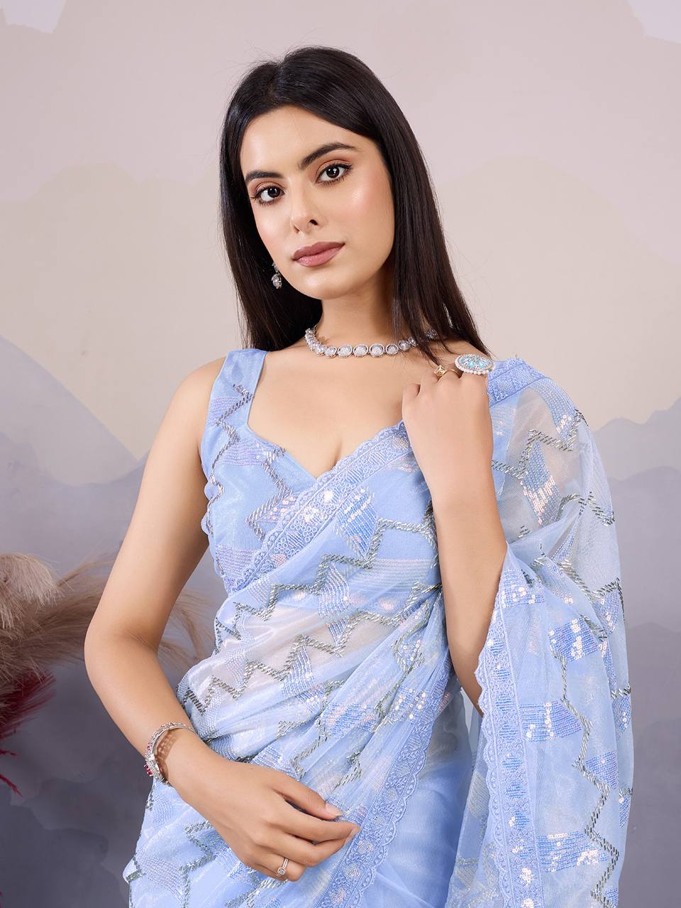 Light Blue Color Premium Twill Net Saree With Embroidery and Sequins Work