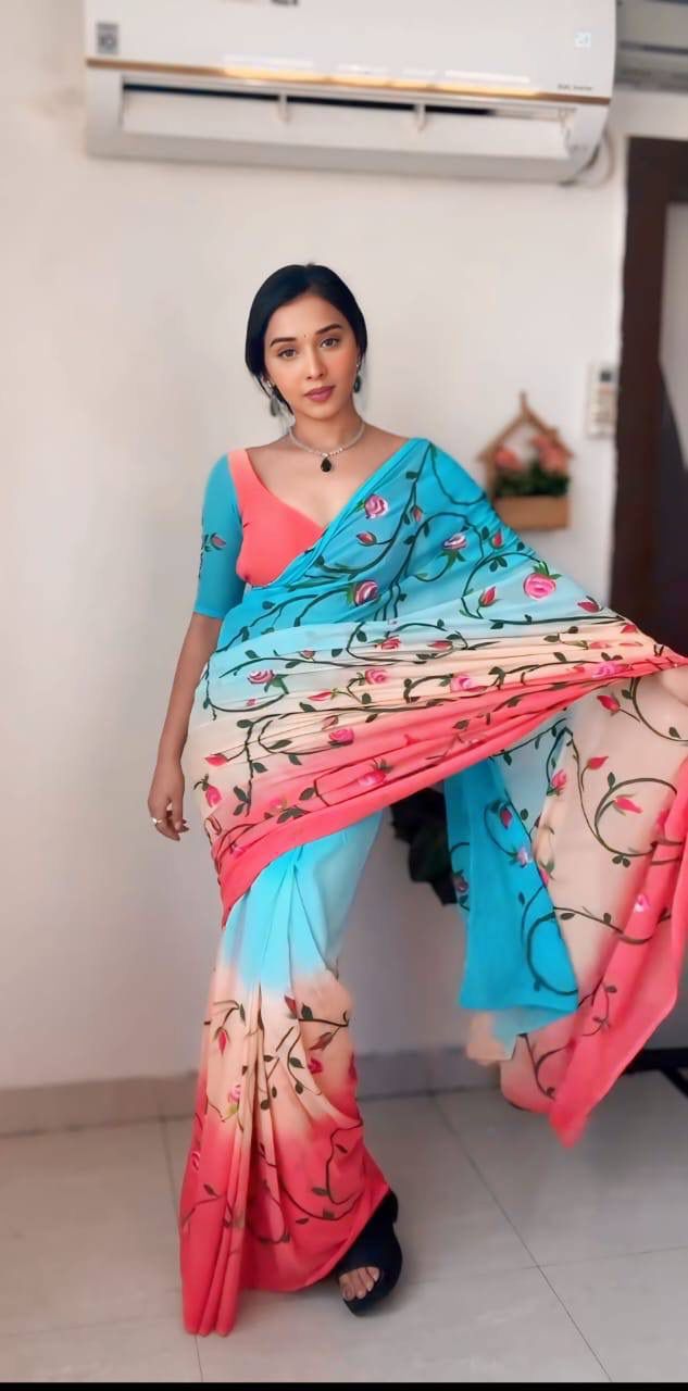 Multi Color Ready To Wear Soft Georgette Saree With Beautiful Flower Design.