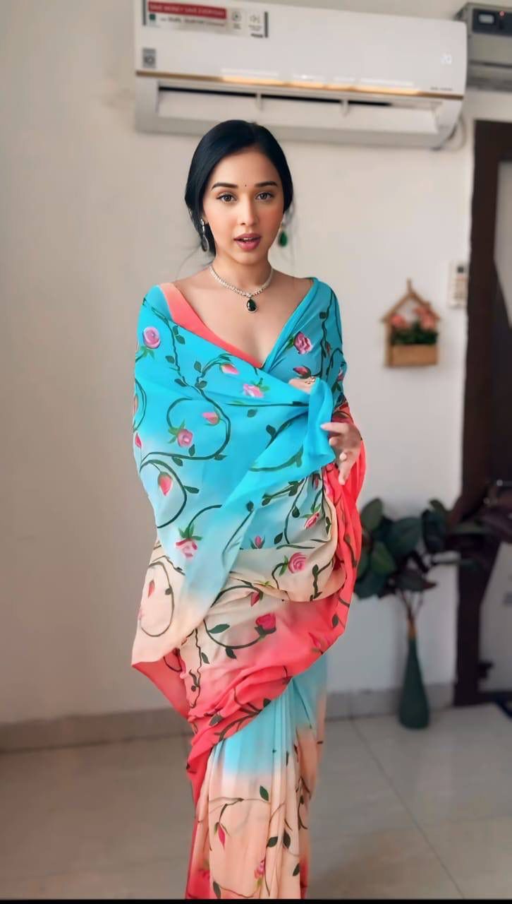 Multi Color Ready To Wear Soft Georgette Saree With Beautiful Flower Design.