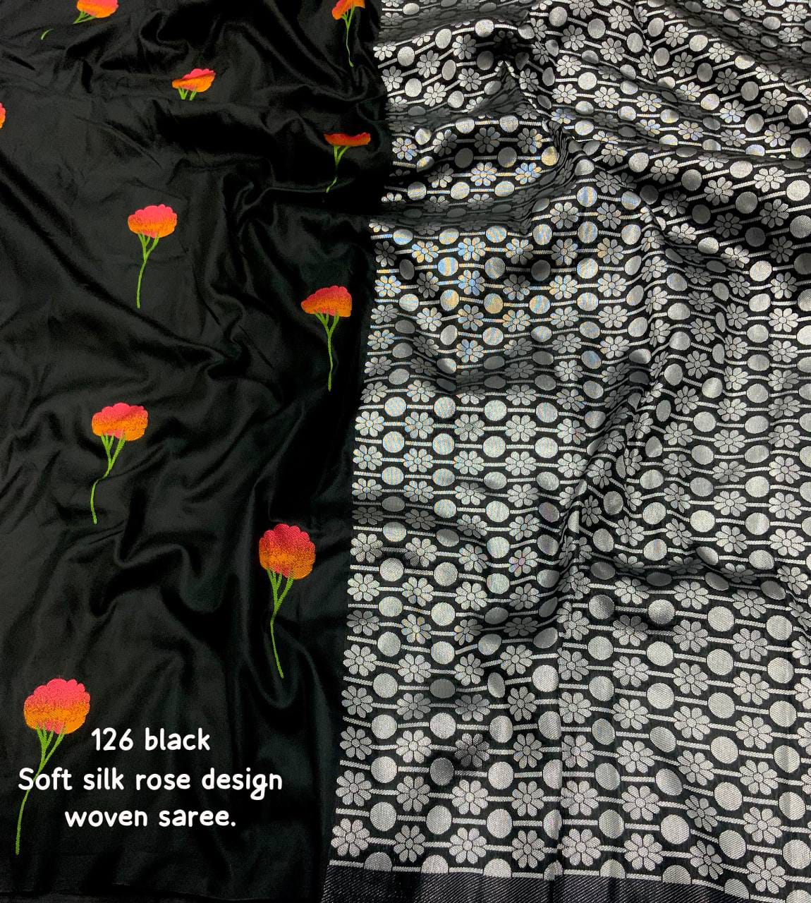 Black Color Premium Soft Silk Saree With All Over Woven Rose Design And Silver Zari Woven Butti Soft Silk Blouse