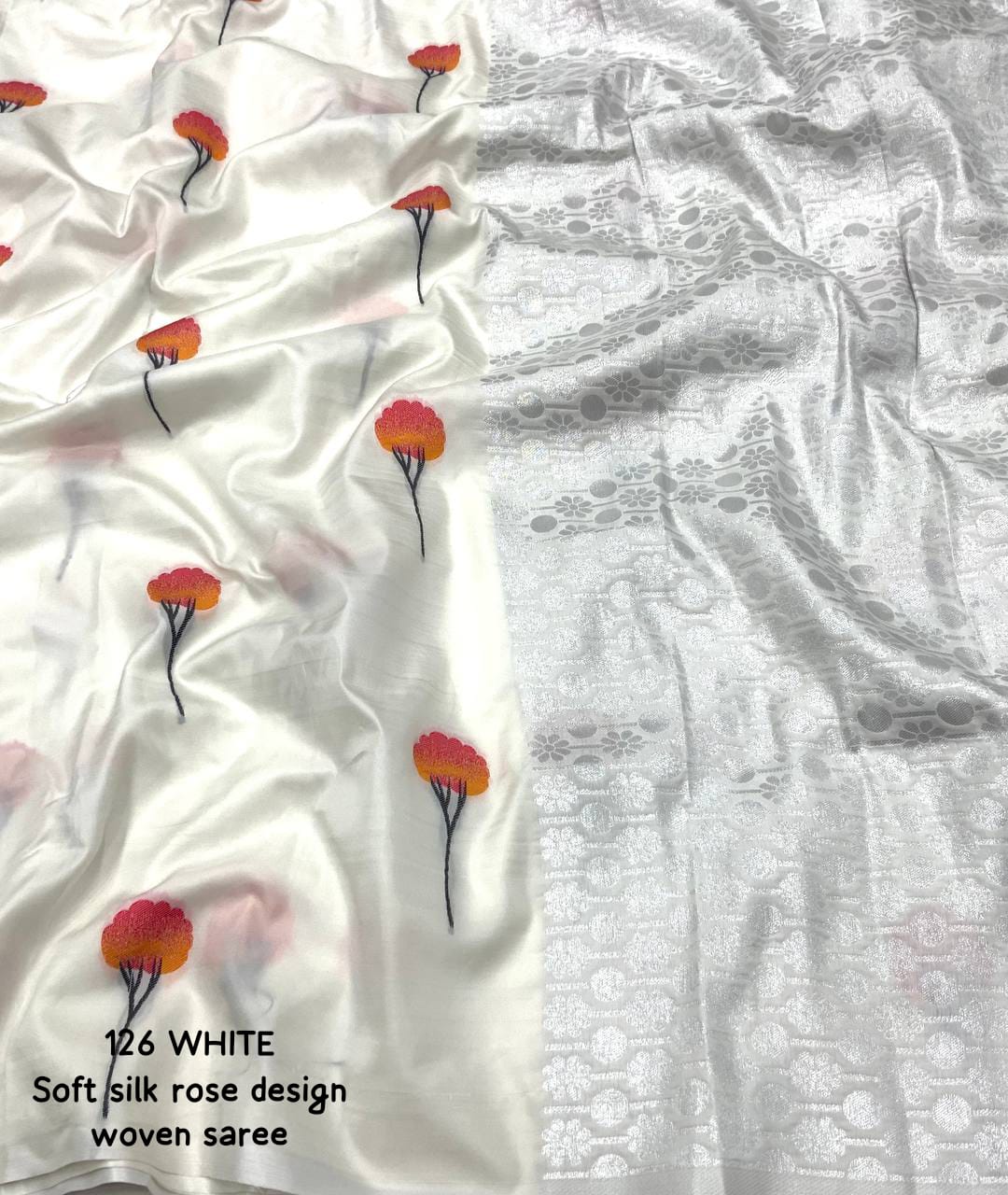 White Color Premium Soft Silk Saree With All Over Woven Rose Design And Silver Zari Woven Butti Soft Silk Blouse