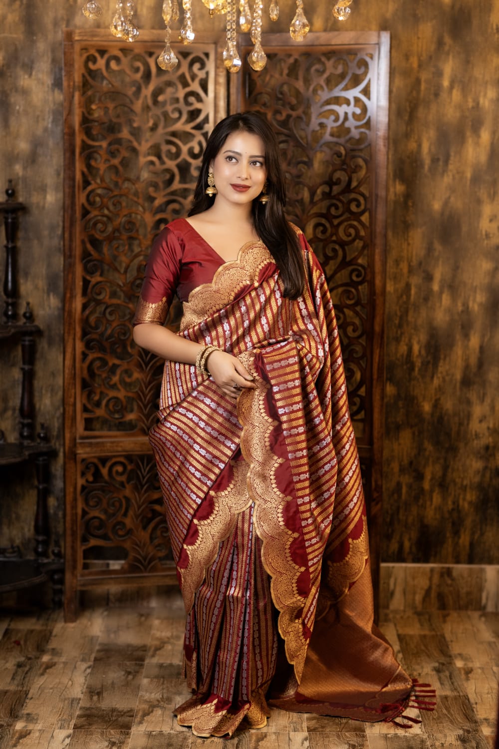 Maroon Color Premium Banarsi Silk Saree With Zari Woven Design And Rich Pallu