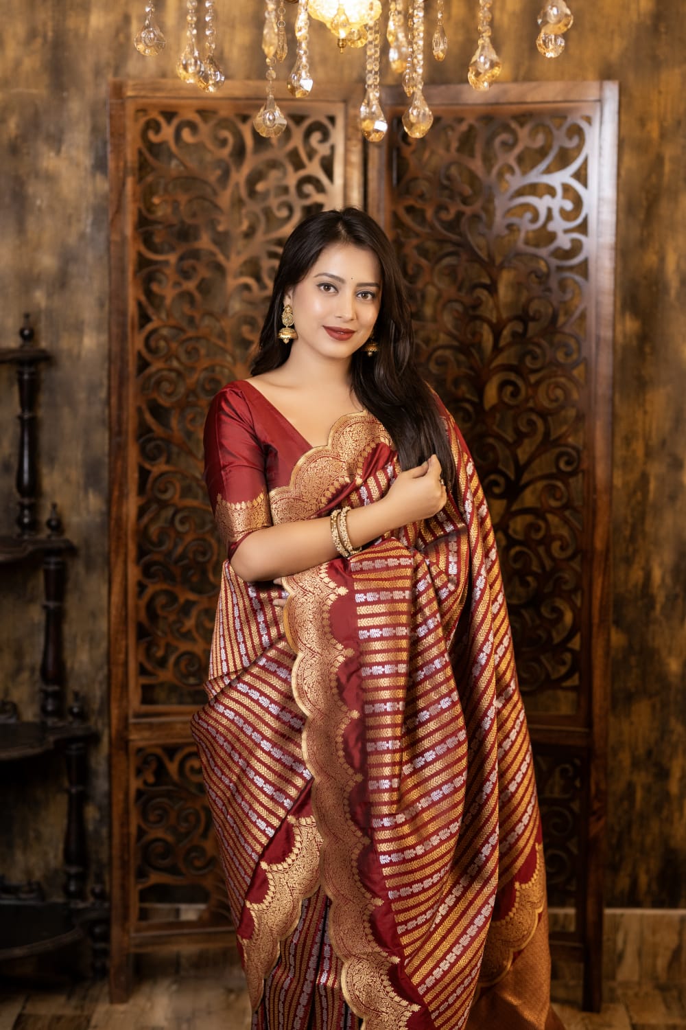 Maroon Color Premium Banarsi Silk Saree With Zari Woven Design And Rich Pallu