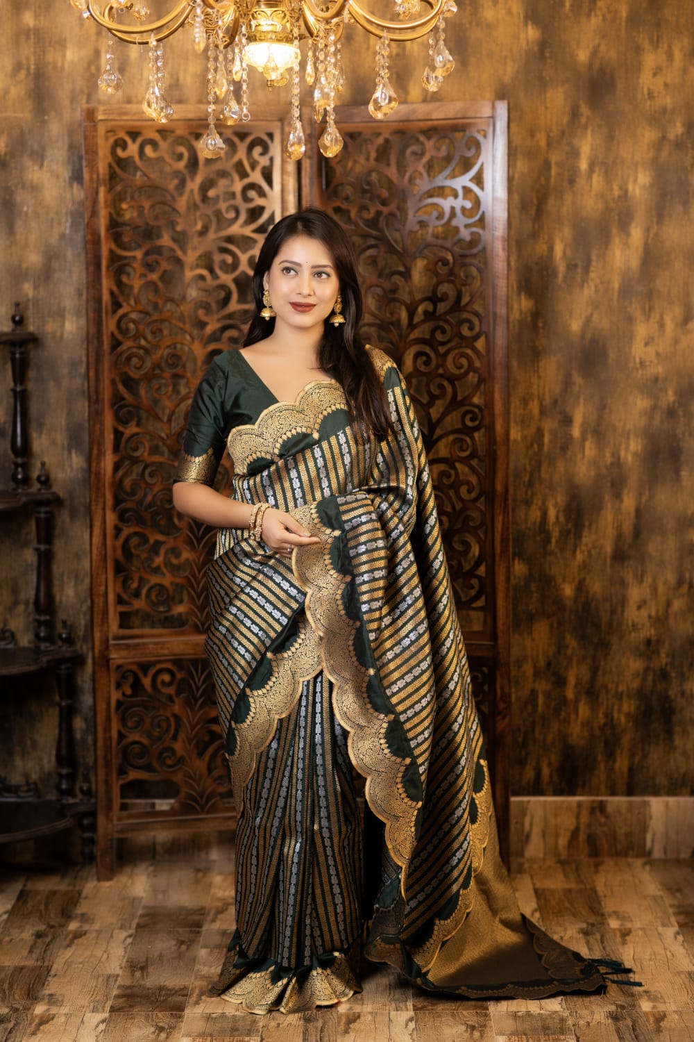 Green Color Premium Banarsi Silk Saree With Zari Woven Design And Rich Pallu