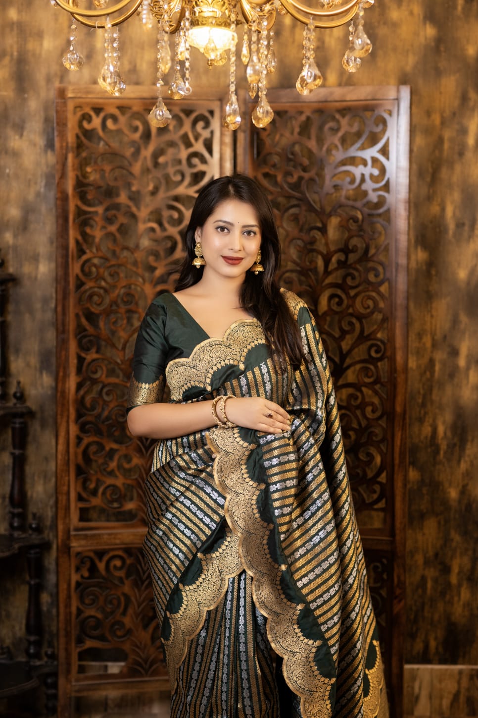 Green Color Premium Banarsi Silk Saree With Zari Woven Design And Rich Pallu