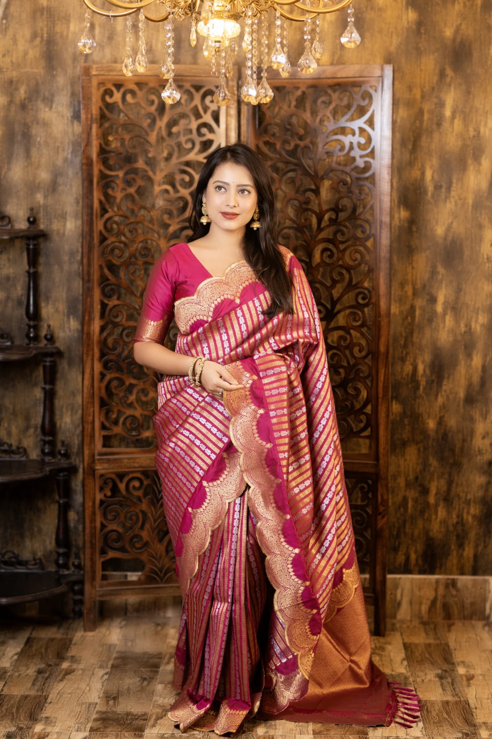 Rani Color Premium Banarsi Silk Saree With Zari Woven Design And Rich Pallu