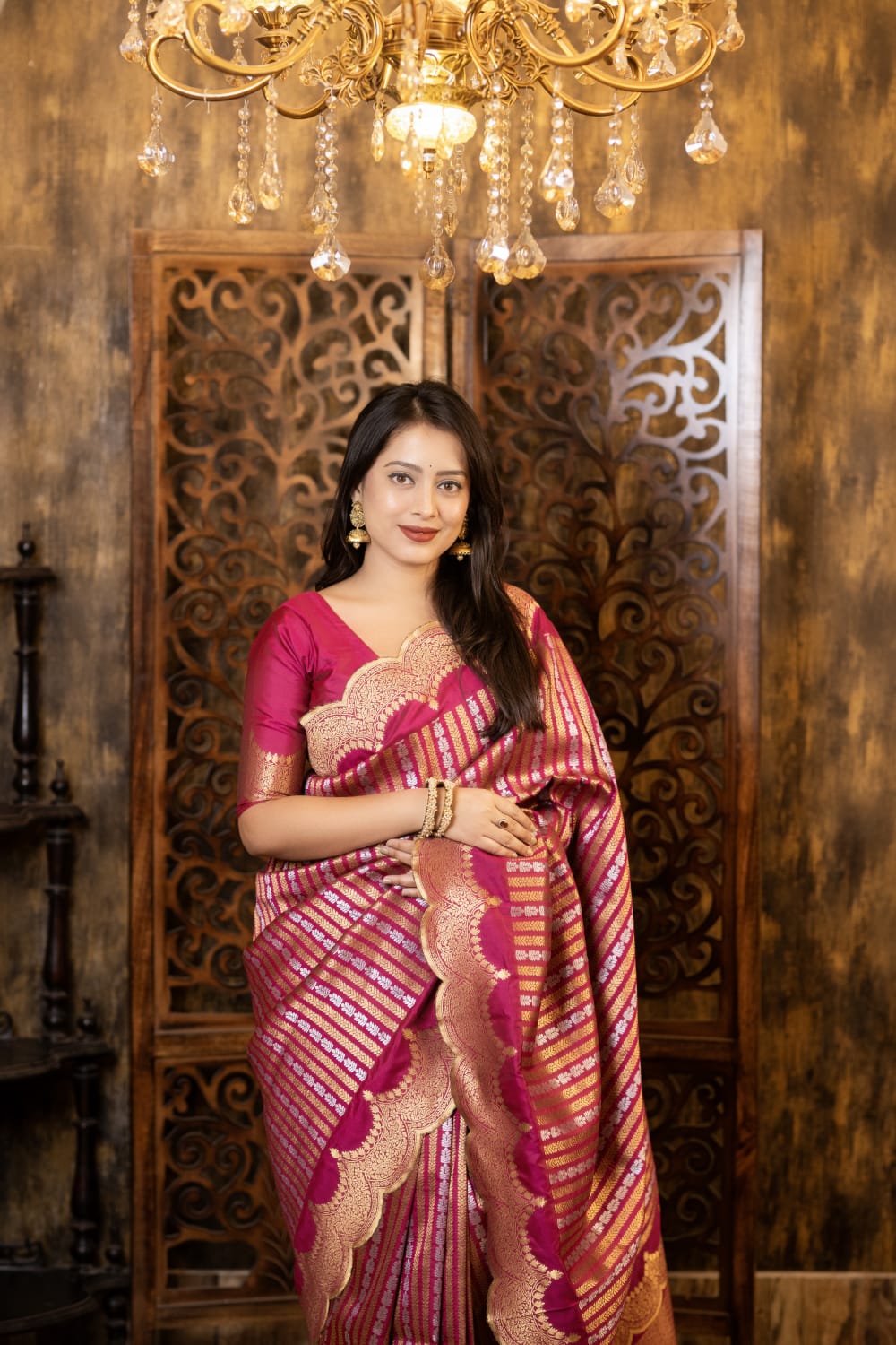 Rani Color Premium Banarsi Silk Saree With Zari Woven Design And Rich Pallu