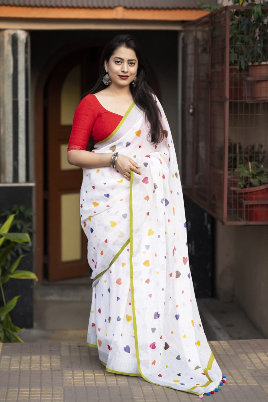 Soft Linen Saree With Silver And Mehendi Weaving Border