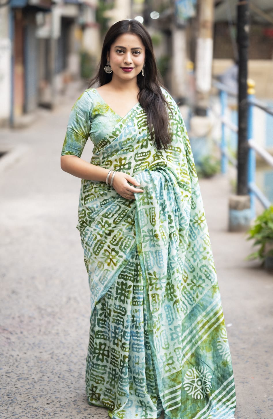 Torquish Blue Color Pure Soft Chanderi Cotton Saree With Spray Style and Hand Block Prints