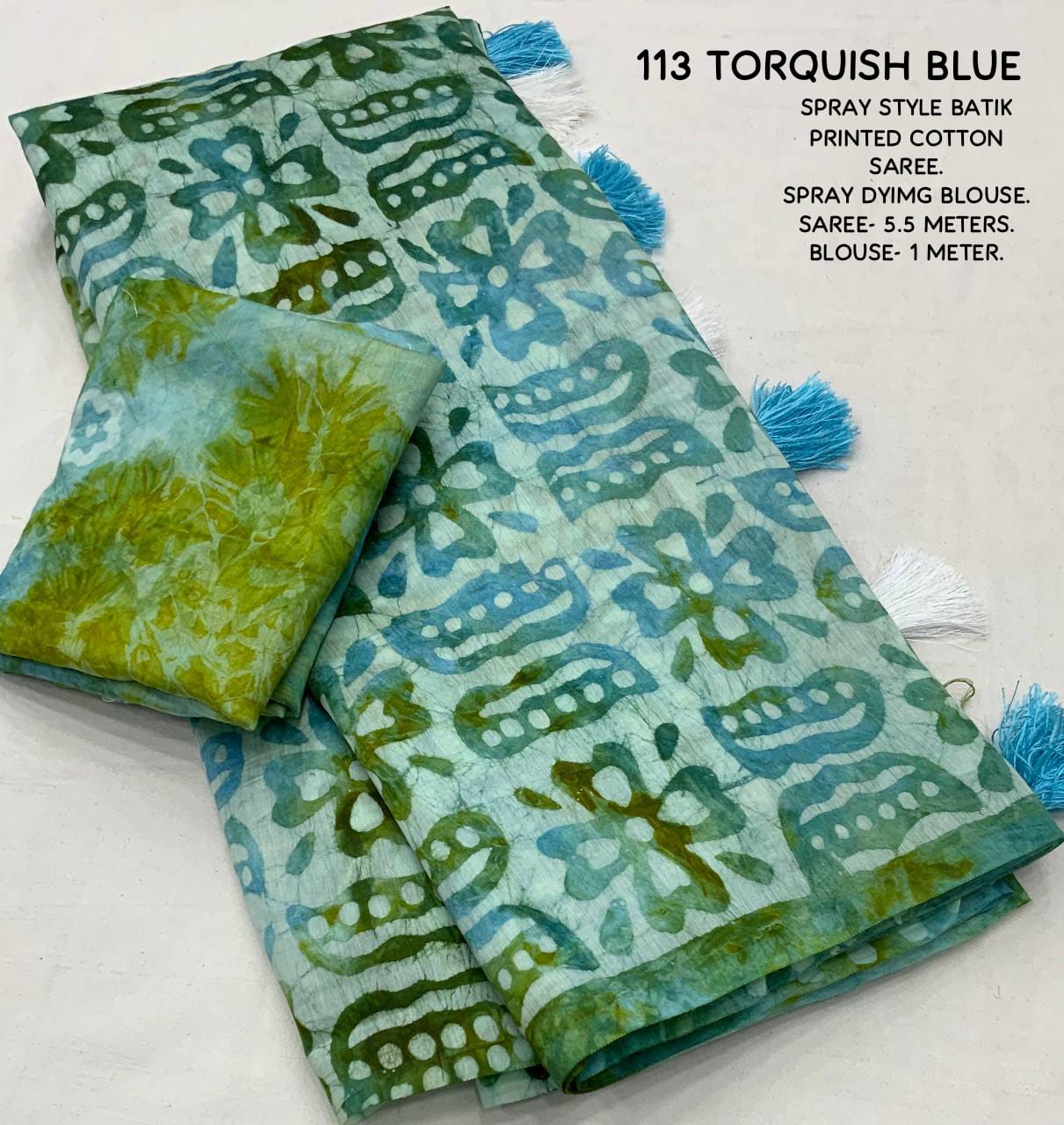 Torquish Blue Color Pure Soft Chanderi Cotton Saree With Spray Style and Hand Block Prints