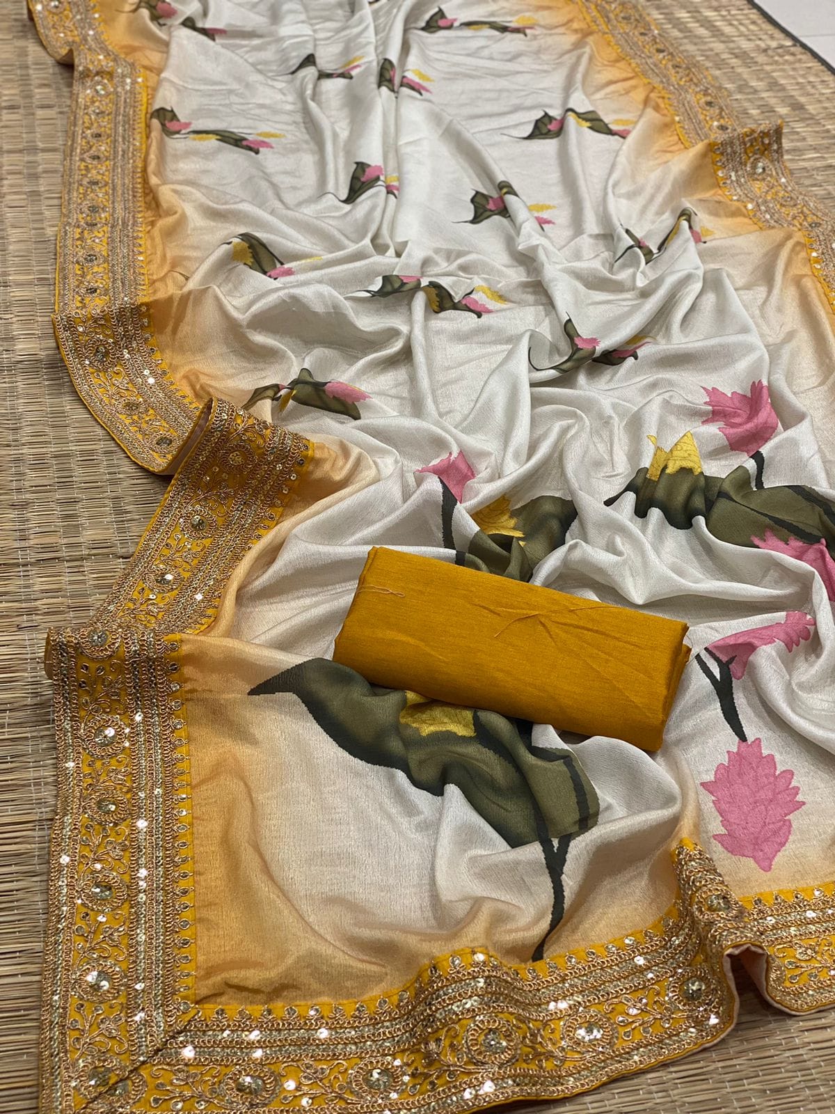 Beautiful Soft Chinnon Silk Saree With Floral Digital Print And Coding Embroidery Work Lace Border