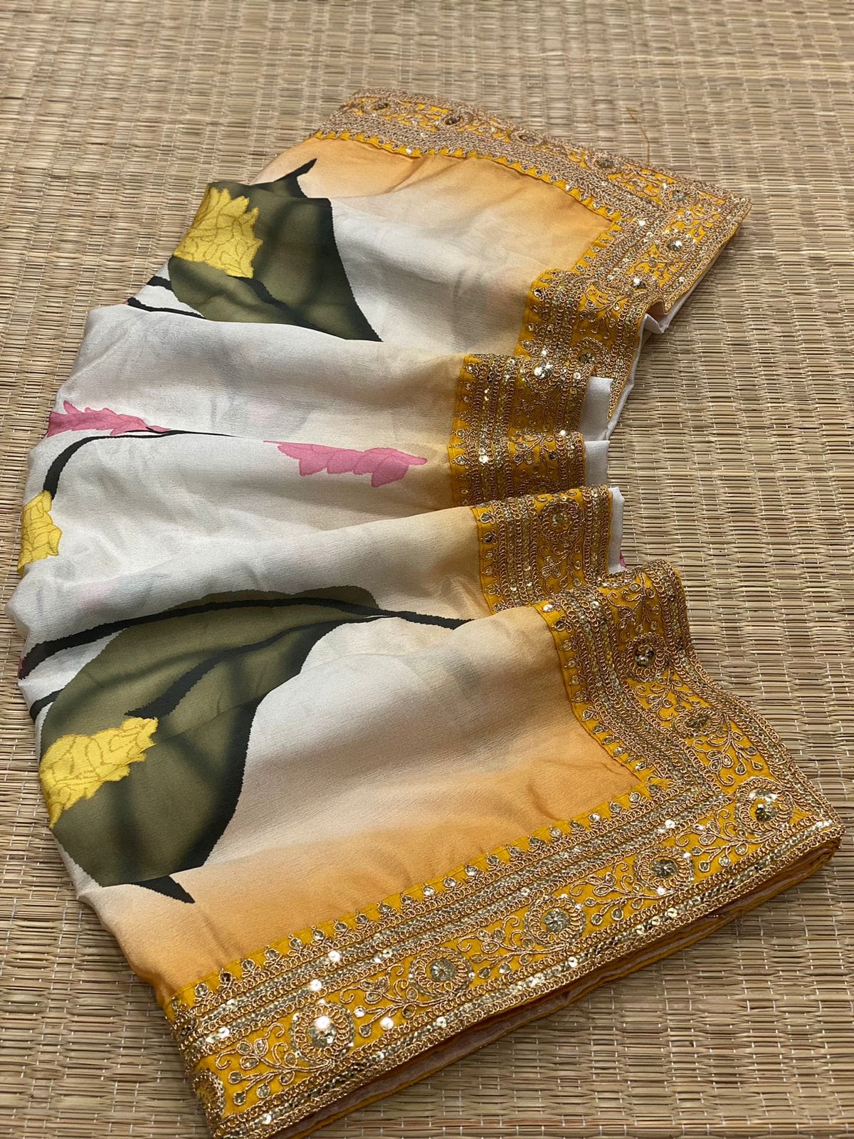 Beautiful Soft Chinnon Silk Saree With Floral Digital Print And Coding Embroidery Work Lace Border