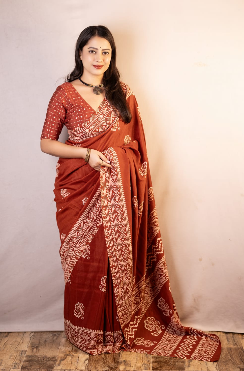 Rust Orange Color Premium Soft Cotton Saree With Batik Prints