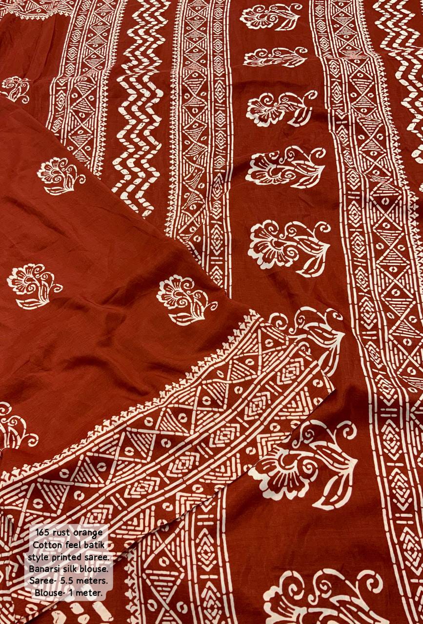 Rust Orange Color Premium Soft Cotton Saree With Batik Prints