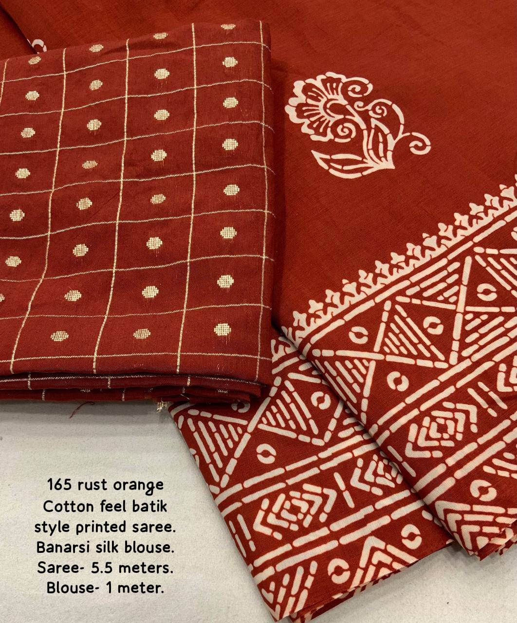 Rust Orange Color Premium Soft Cotton Saree With Batik Prints