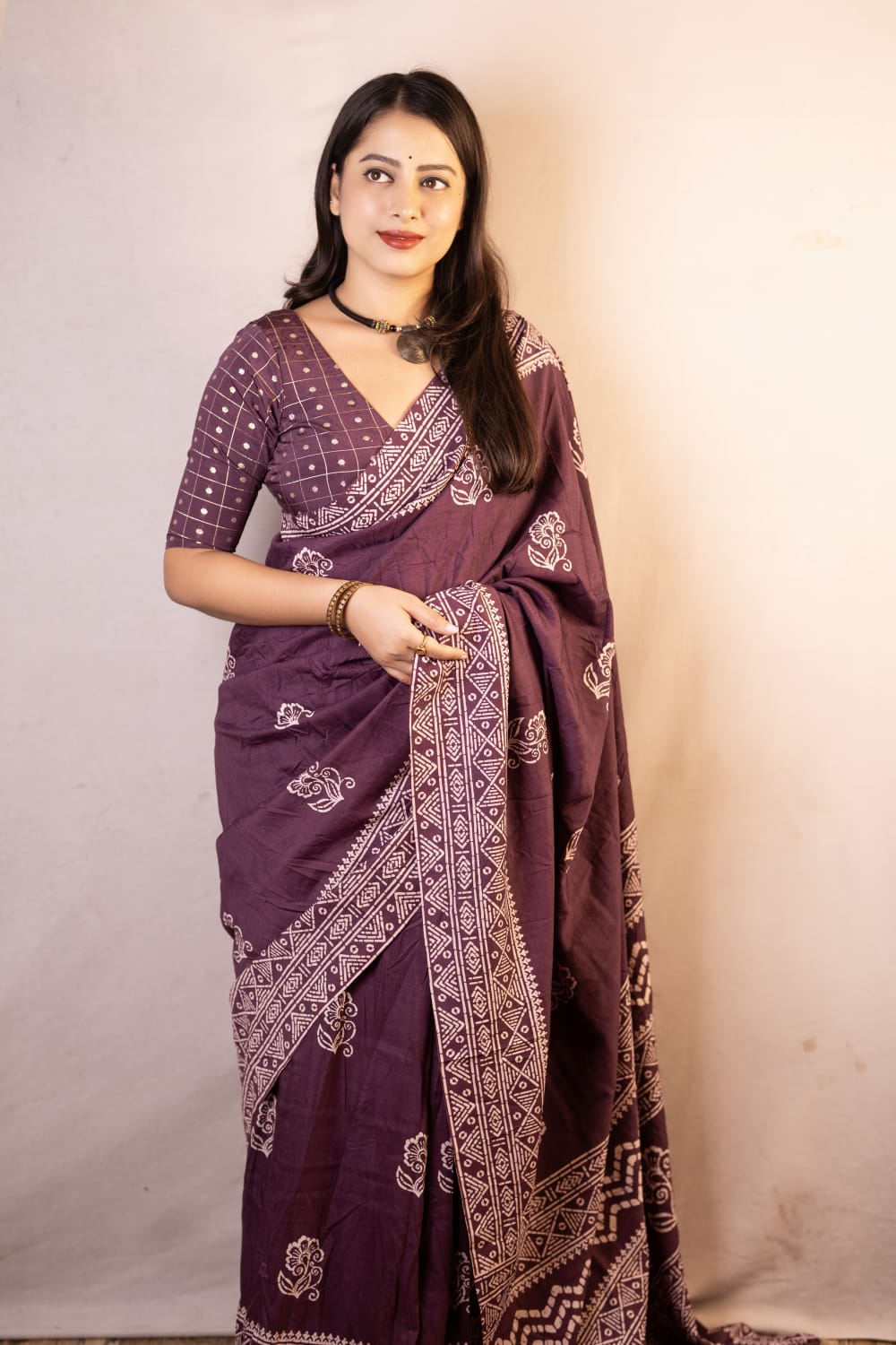 Purple Color Premium Soft Cotton Saree With Batik Prints